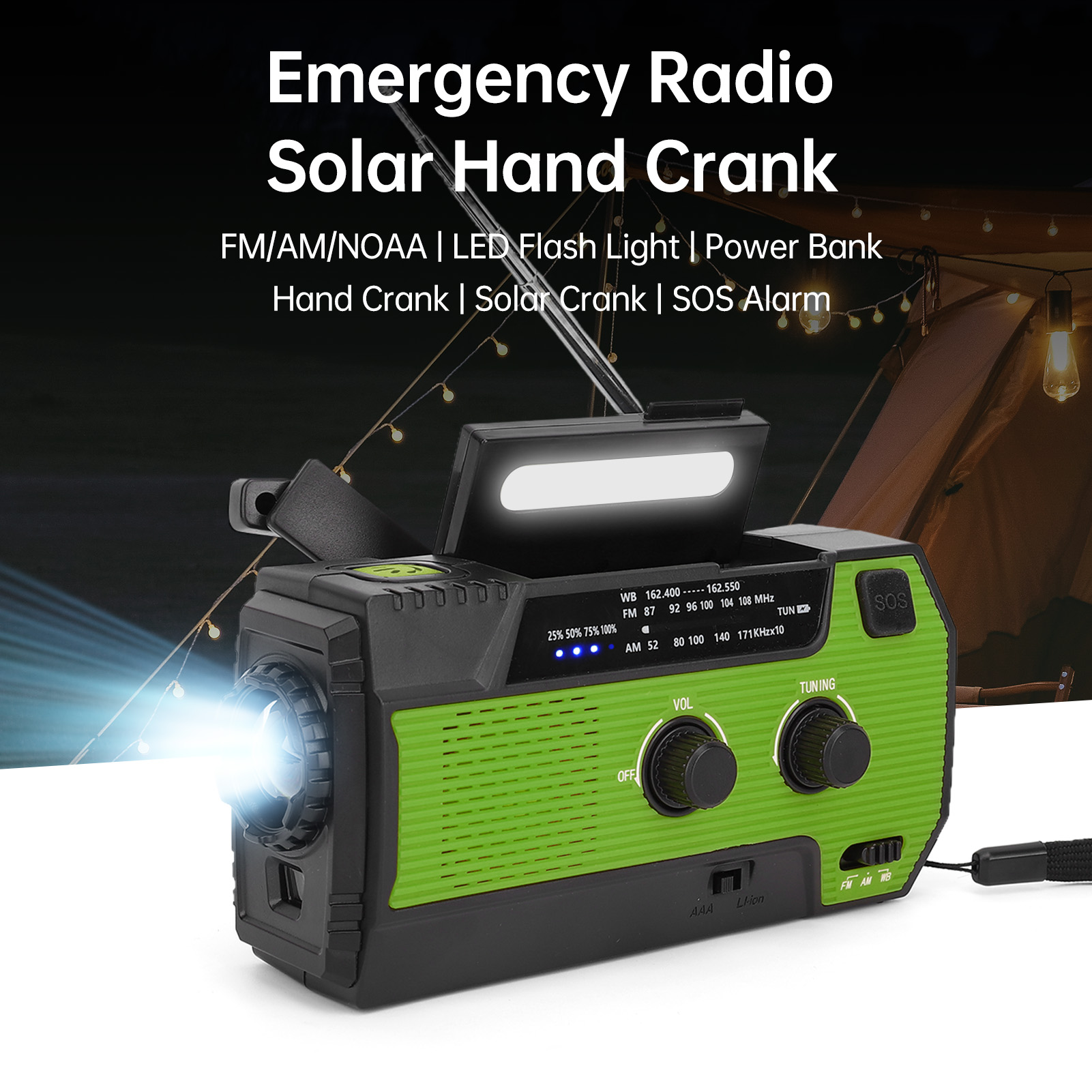 Emergency Radio Solar - 手回し式緊急ラジオ ソーラー充電式ポータブル屋外ラジオ USB充電とSOSアラーム付き